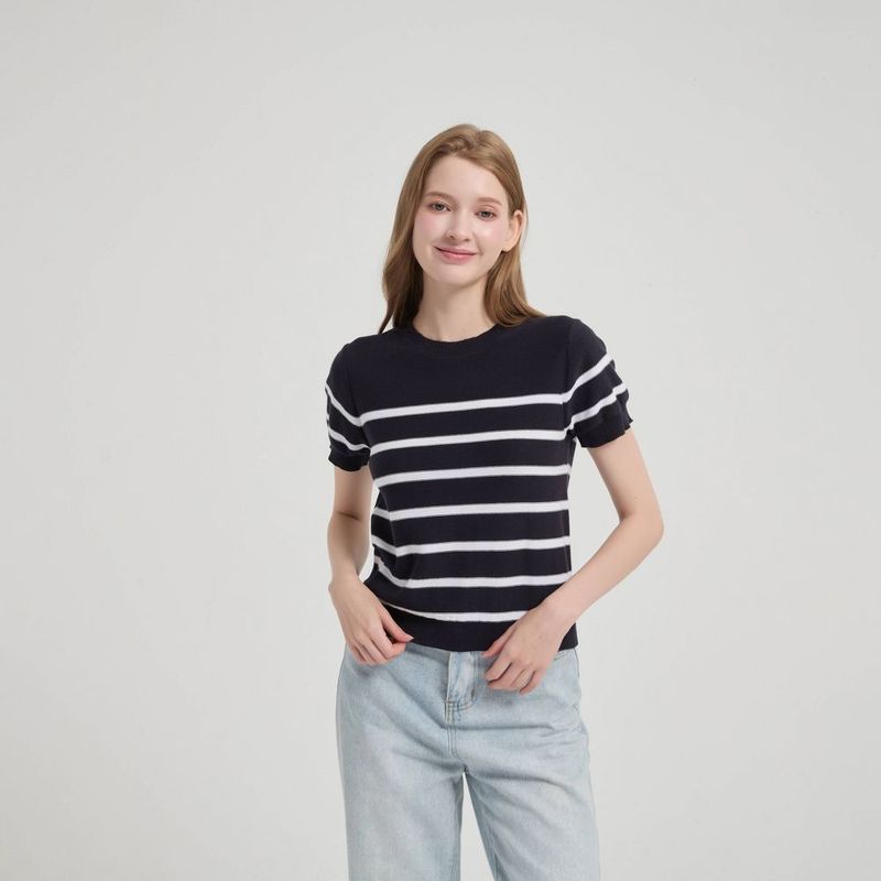 Women's The Baby Striped Crewneck Pullover Sweater - Navy Blue Xs